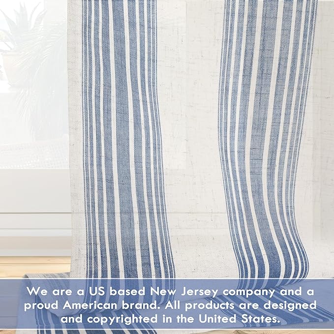 DriftAway Farmhouse Vertical Striped Linen Blend Textured Light Filtering Semi Sheer Curtains for Living Room Bedroom 63 Inches Long Drapes 2 Panels Broad Striped Jean Navy