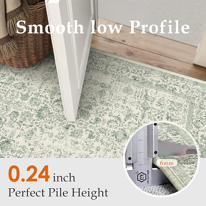 Sage Green Area Rug 3x5 Washable Office Entryway Carpet Vintage Distressed Non Slip Kitchen Indoor Entry Neutral Low Pile Retro Floral Farmhouse Throw Mat for Laundry Dining Room Bedroom