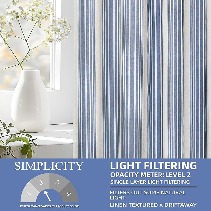 DriftAway Farmhouse Vertical Striped Linen Blend Textured Light Filtering Semi Sheer Curtains for Living Room Bedroom 72 Inches Long Drapes 2 Panels Broad Striped Jean Navy