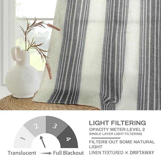 DriftAway Farmhouse Vertical Striped Linen Blend Textured Light Filtering Semi Sheer Curtains for Living Room Bedroom 108 Inches Long Drapes 2 Panels Broad Striped Linen Grey