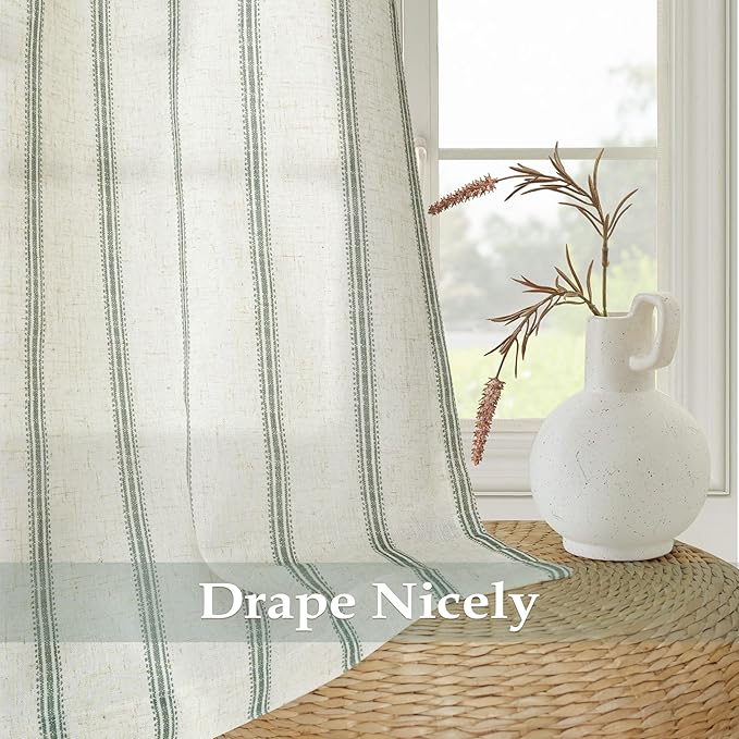 DriftAway Farmhouse Vertical Striped Linen Blend Textured Light Filtering Semi Sheer Curtains for Living Room Bedroom 96 Inches Long Drapes 2 Panels