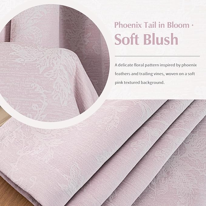 FMFUNCTEX Pink Floral Jacquard Blackout Curtains 72 Inches Long for Girls Bedroom, Scroll Flower Chenille Farmhouse Curtains for Nursery Room Darkening Thermal Insulated Grommet Window Drapes 2 Panels