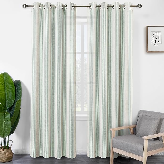 DriftAway Farmhouse Vertical Striped Linen Blend Textured Light Filtering Semi Sheer Curtains for Living Room Bedroom 108 Inches Long Drapes 2 Panels Broad Striped Green