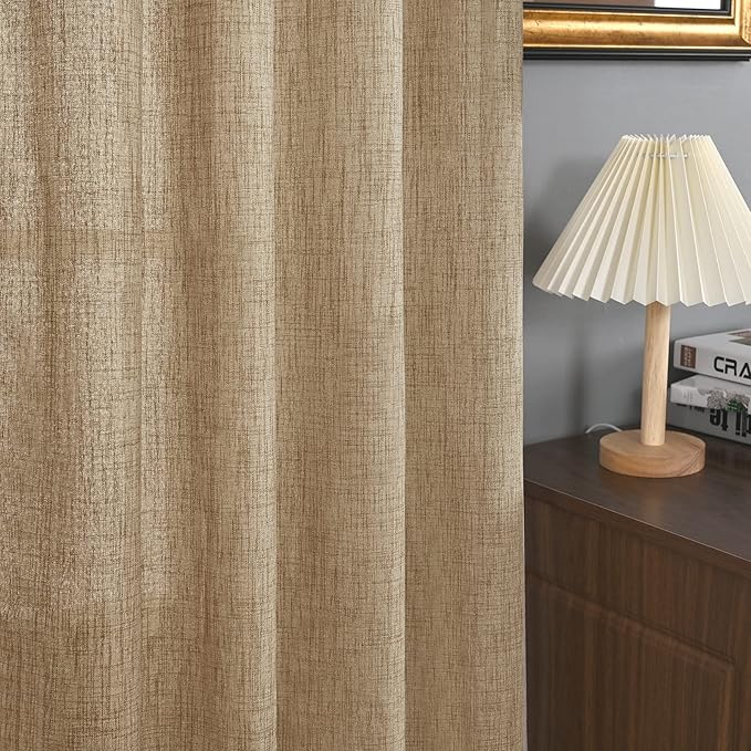 YoungsTex Burlap Linen Curtains 84 Inch Length for Living Room, Textured Tan Semi Sheer Drapes with Bronze Grommet Light Filtering for Farmhouse Bedroom, Toffee, 2 Panels, 52 X 84 Inch