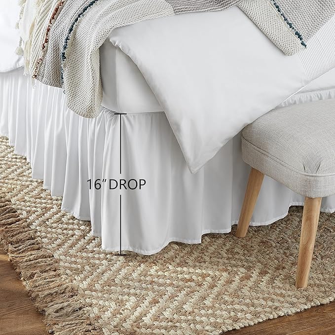 Amazon Basics Lightweight Ruffled Bed Skirt, Classic Style, Soft and Stylish 100% Microfiber With 16" Drop, King, Bright White, Solid