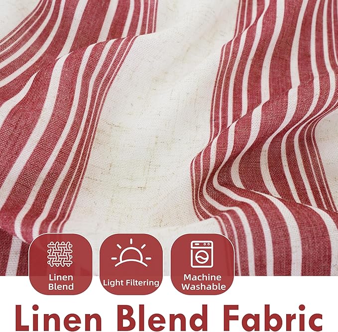 DriftAway Farmhouse Vertical Striped Linen Blend Textured Light Filtering Semi Sheer Curtains for Living Room Bedroom 36 Inches Long Drapes 2 Panels Broad Striped Red