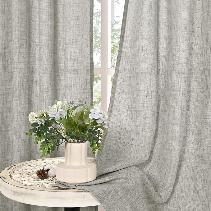 YoungsTex Light Grey Linen Curtains 84 Inch Length for Living Room, Textured Semi Sheer Window Drapes with Bronze Grommet Light Filtering for Bedroom Dining, 2 Panels, 52 X 84 Inch