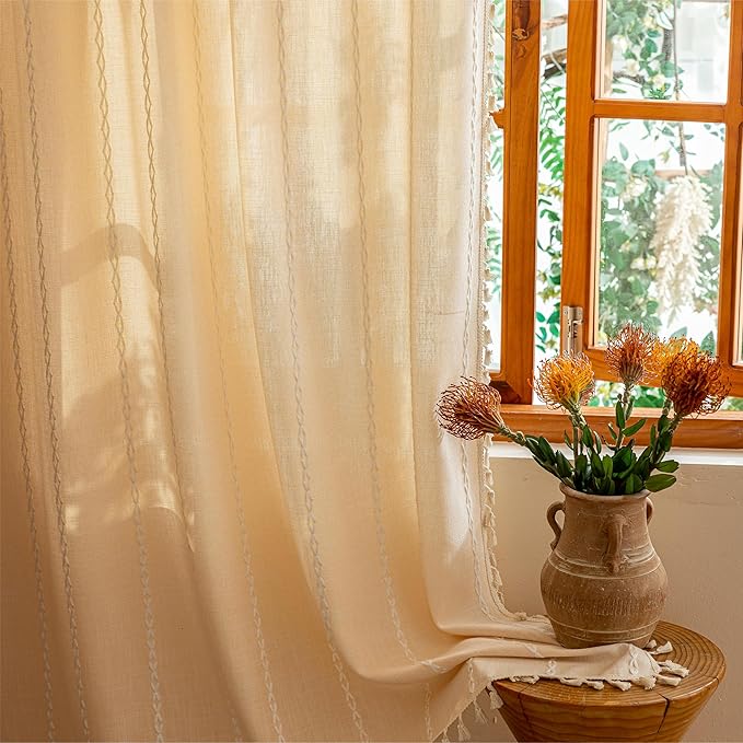 Sutuo Home Boho Curtains for Bedroom Dining Room Kitchen,Light Filtering Linen Farmhouse Shabby Chic Tassels Window Treatment Bohemian Embroidery Drape, Rod Pocket 1 Panel 52" W x 72" L, Champagne