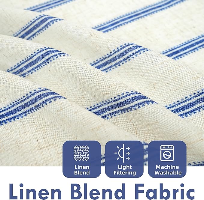 DriftAway Farmhouse Vertical Striped Linen Blend Textured Light Filtering Semi Sheer Curtains for Living Room Bedroom 36 Inches Long Drapes 2 Panels Linen Navy
