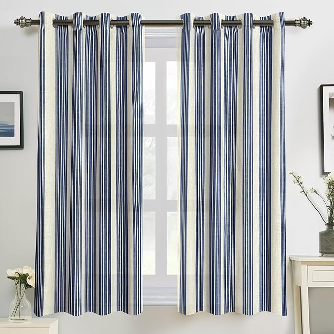 DriftAway Farmhouse Vertical Striped Linen Blend Textured Light Filtering Semi Sheer Curtains for Living Room Bedroom 54 Inches Long Drapes 2 Panels Broad Striped Dark Navy