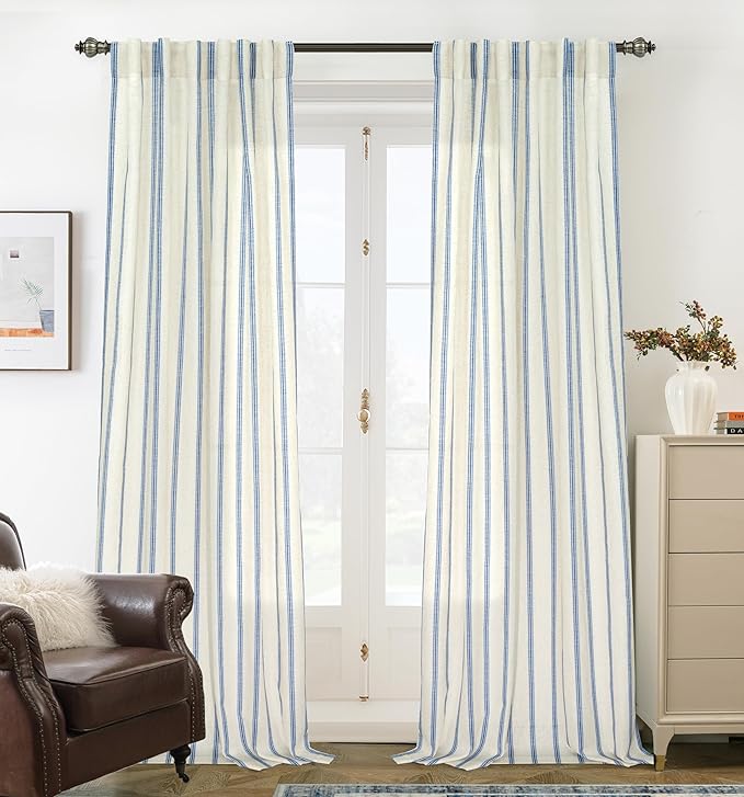 DriftAway Farmhouse Vertical Striped Linen Blend Textured Light Filtering Semi Sheer Curtains for Living Room Bedroom 102 Inches Long Drapes 2 Panels Linen Navy