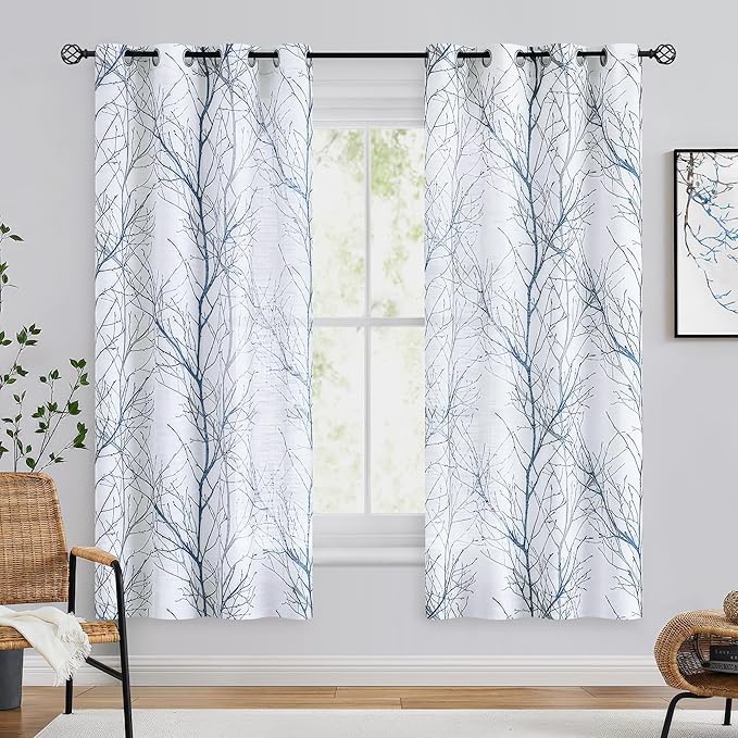 FMFUNCTEX Linen Semi Sheer Curtains for Bedroom, Blue White Curtains 63 Inches Long for Living Room, Grey Tree Branch Patterned Curtain Light Filtering Farmhouse Window Drapes, Grommet Top 2 Panels
