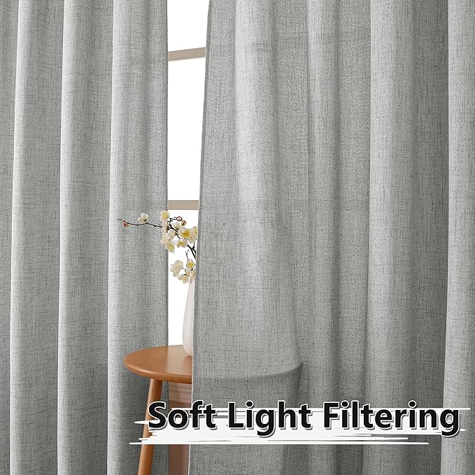Tollpiz Linen Curtains Living Room Rod Pocket Semi Sheer Curtain Burlap Light Filtering Thick Linen Drapes for Bedroom, 38 x 63 inches Long, Silver Grey, Set of 2 Panels