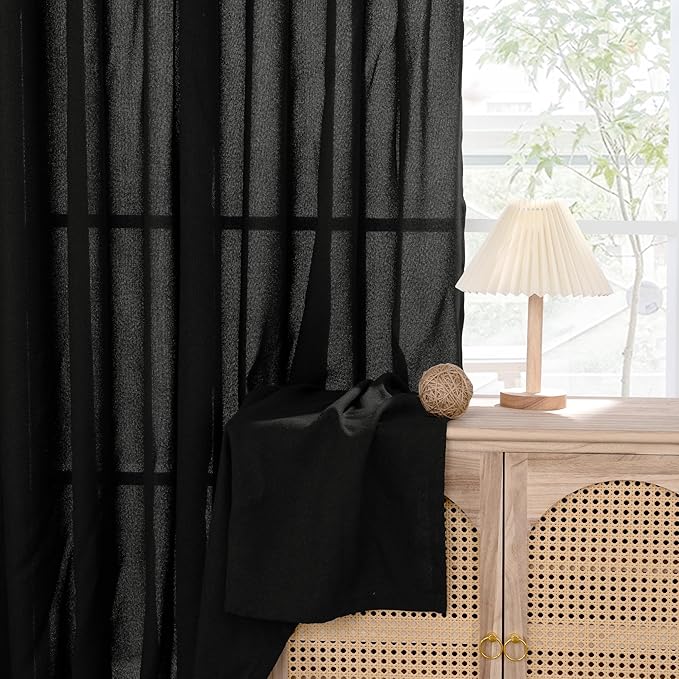 YoungsTex Black Linen Curtains 54 Inch Length for Short Window, Semi Sheer Drapes with Bronze Grommet Light Filtering Privacy for Kitchen Living Room, 42 x 54 Inch, 2 Panels
