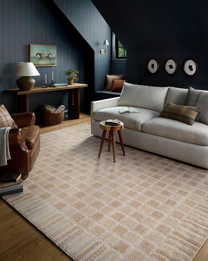 Loloi Chris Loves Julia Calvin Collection CLV-03 Bone/Natural 9'-6" x 12'-6" Area Rug Checkered Neutral Soft Living Room Bedroom Carpet