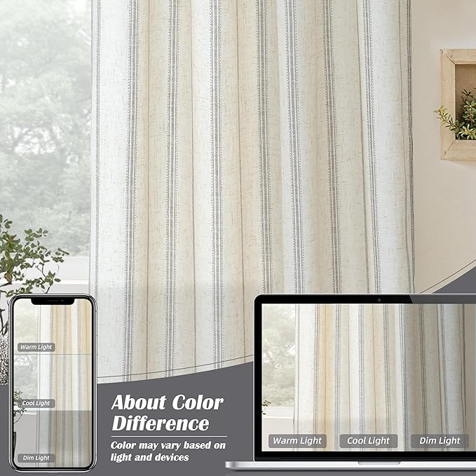 DriftAway Farmhouse Vertical Striped Linen Blend Textured Light Filtering Semi Sheer Curtains for Living Room Bedroom 36 Inches Long Drapes 2 Panels Linen Gray