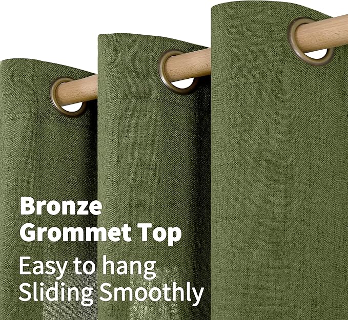 YoungsTex Olive Linen Curtains 45 Inch Length 2 Panels, Dark Green Short Drapes Semi Sheer with Bronze Grommet Light Filtering for Living Room Windows, 42 X 45 Inch