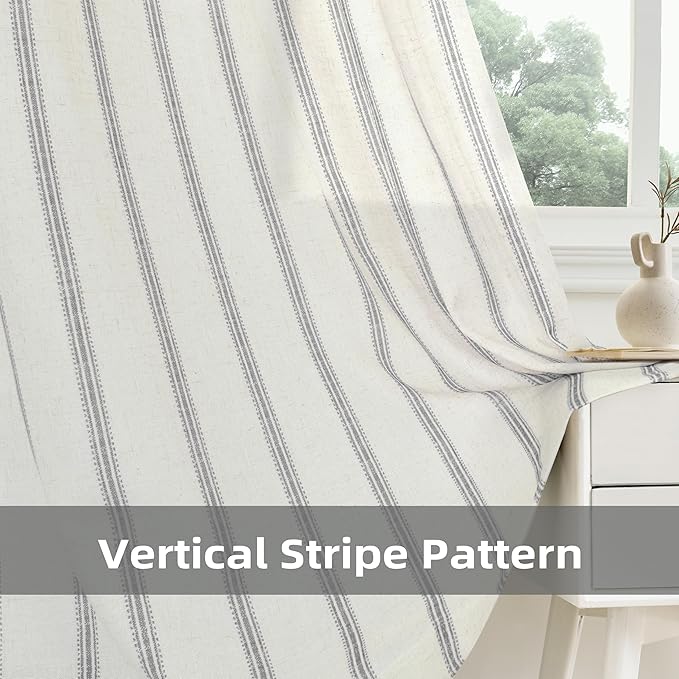 DriftAway Farmhouse Vertical Striped Linen Blend Textured Light Filtering Semi Sheer Curtains for Living Room Bedroom 54 Inches Long Drapes 2 Panels Linen Gray