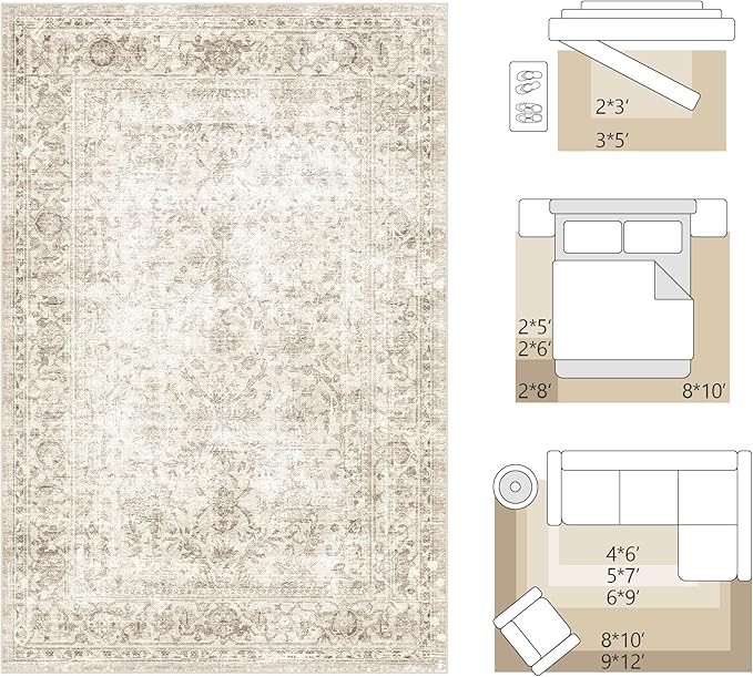 FMFUNCTEX 3x5 Washable Area Rug Beige Vintage Neutral Non Slip Low Pile Traditional Retro Indoor Carpet for Entryway Entrance Soft Floral Throw Rug Living Room Bedroom Kitchen Dining Office Laundry