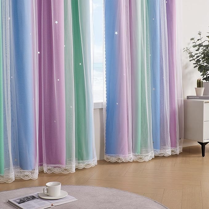 XiDi Blue & Rainbow Curtains for Bedroom & Kids Room - Blackout, Unicorn Wall Decals, 52X84 Inch Long, 1 Panel