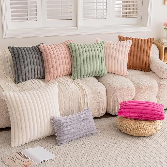 Double-Sided Faux Fur Plush Throw Pillow Covers 24x24 Set of 2 Fuzzy Striped Soft Cozy Pillowcase Luxury Decorative Pillows Square Shaggy Cushion Covers for Couch Sofa Bed,Cream White