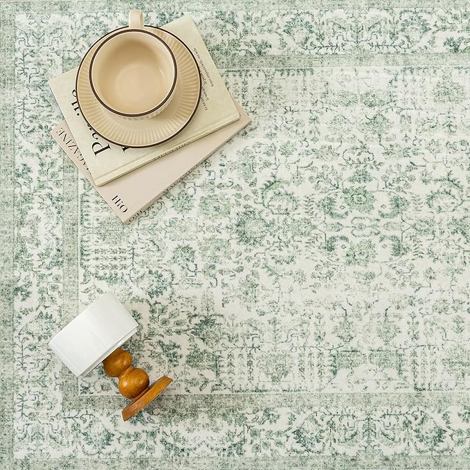 Sage Green Area Rug 5x8 Living Room Washable Carpet Vintage Distressed Non Slip Kitchen Carpet Neutral Low Pile Retro Floral Farmhouse Throw Rug for Home Office Bedroom Laundry Dining Room