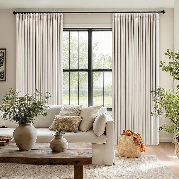 90 Inch Pinch Pleated Blackout Linen Curtains for Bedroom 2 Panels Memory Trained 100% Black Out Soundproof Room Darkening Natural Cream Ivory Birch Window Curtains Double Layer Pinch Pleat Drapes