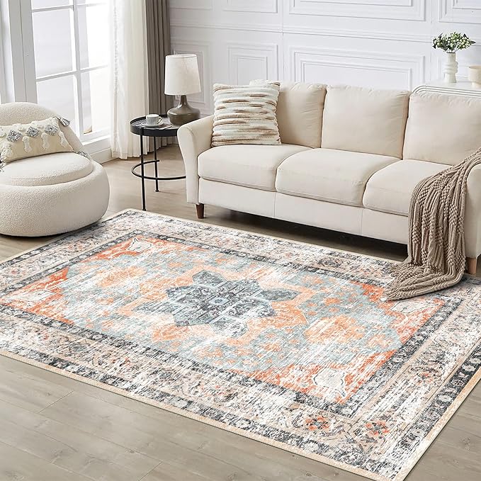 vivorug 5x7 Area Rugs - Ultra-Thin Washable Rug with Non-Slip Backing, Ideal for Living Room, Bedroom, Dining Room Indoor - Vintage, Easy Clean, Durable, Low Pile Rug Orange