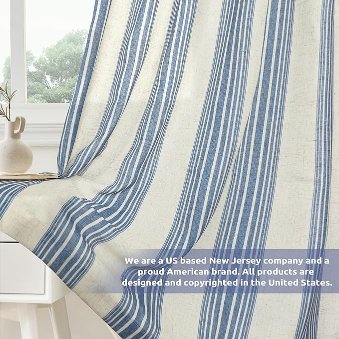 DriftAway Farmhouse Vertical Striped Linen Blend Textured Light Filtering Semi Sheer Curtains for Living Room Bedroom 108 Inches Long Drapes 2 Panels Broad Striped Linen Jean Navy