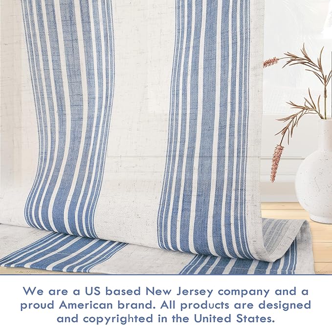 DriftAway Farmhouse Vertical Striped Linen Blend Textured Light Filtering Semi Sheer Curtains for Living Room Bedroom 36 Inches Long Drapes 2 Panels Broad Striped Jean Navy