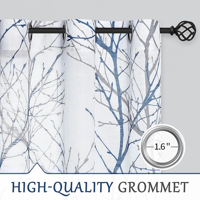 FMFUNCTEX Linen Semi Sheer Curtains for Bedroom, Blue White Curtains 72 Inches Long for Living Room, Grey Tree Branch Patterned Curtain Light Filtering Farmhouse Window Drapes, Grommet Top 2 Panels