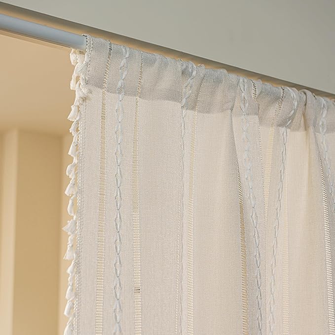 Sutuo Home Boho Door Curtains for Door Window, Bohemian Semi Blackout Curtains Tassels Privacy Vintage Chic Embroidery Long Stripes White Decor Window Treatments,Rod Pocket 1 Panel 37" W x 80" L,Ivory