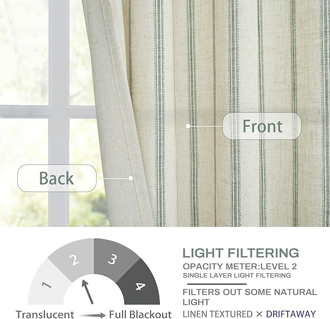 DriftAway Farmhouse Vertical Striped Linen Blend Textured Light Filtering Semi Sheer Curtains for Living Room Bedroom 96 Inches Long Drapes 2 Panels