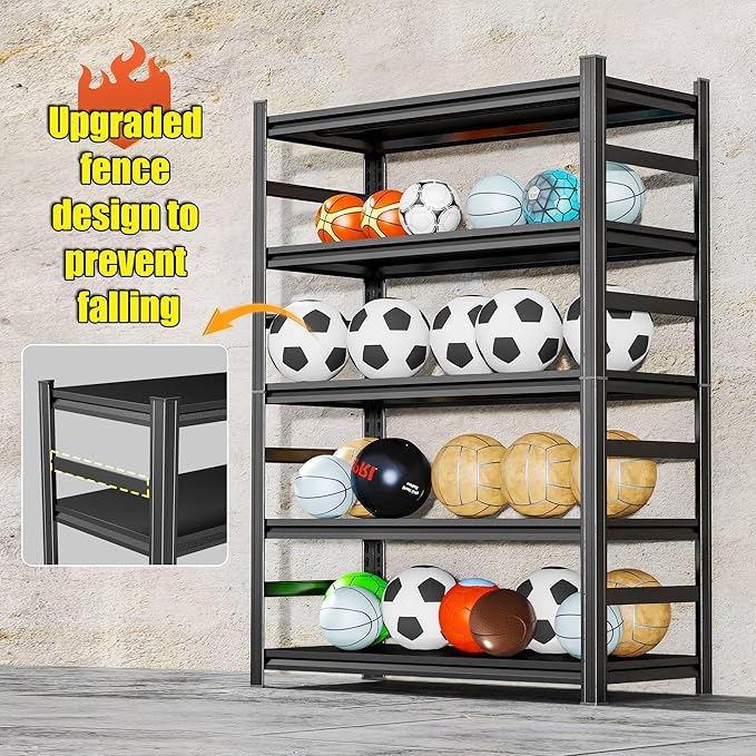 Storage Shelves, Garage Metal Shelving Unit, Adjustable, Double-Layer Column with Reinforced Ribs, Heavy-Duty, Capable of Bearing 600-3600 lbs (Black, 63 * 32 * 16, 5-Tier)