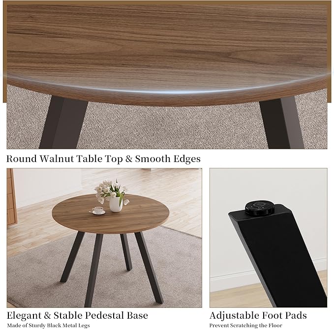 34.6'' Dining Table and Chairs for 2, Mid Century Modern Round Table Set, Space Saving for Apartment Kitchen Dining Room (Walnut Table+2 Brown Chairs)