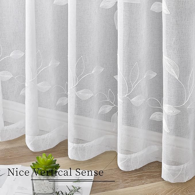 Tollpiz White Leaf Sheer Tier Curtains Short Kitchen Leaves Embroidered Curtain Rod Pocket Voile Bathroom Window Treatments for Farmhouse, 30 x 30 inches Long, Set of 2 Panels