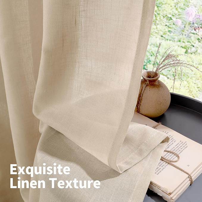 YoungsTex Short Linen Sheer Curtains 63 Inch Length for Window Natural Textured Drapes Light Filtering for Bedroom Living Room Lightweight Grommet, Light Tan, 2 Panels, 42 X 63 Inch