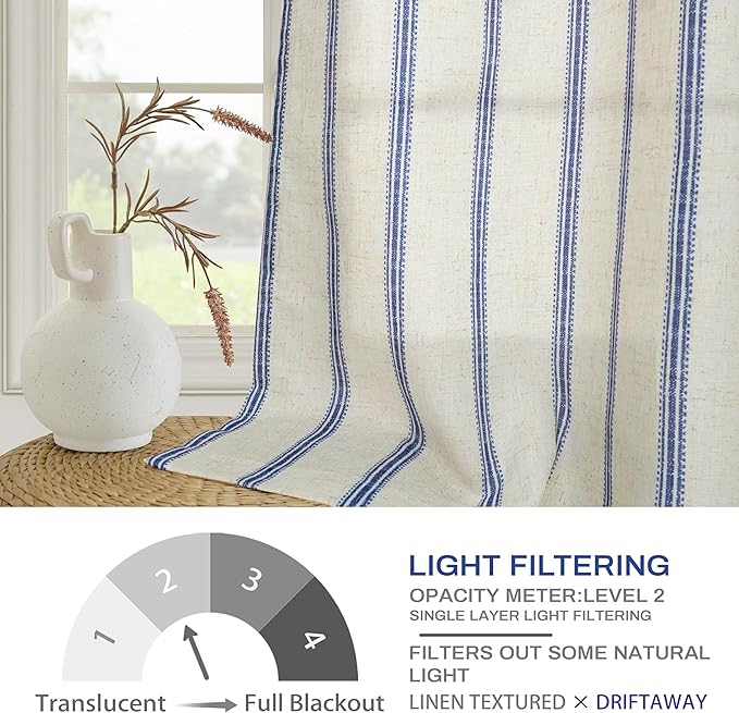 DriftAway Farmhouse Vertical Striped Linen Blend Textured Light Filtering Semi Sheer Curtains for Living Room Bedroom 108 Inches Long Drapes 2 Panels