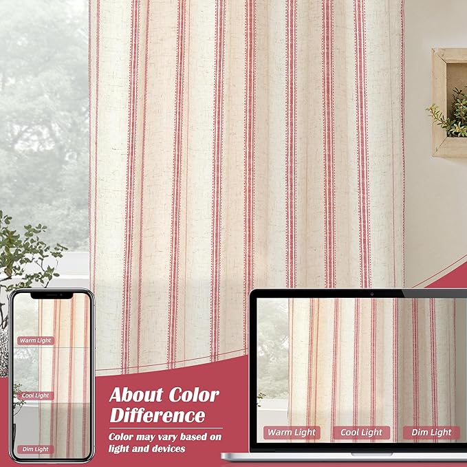 DriftAway Farmhouse Vertical Striped Linen Blend Textured Light Filtering Semi Sheer Curtains for Living Room Bedroom 84 Inches Long Drapes 2 Panels Linen Red