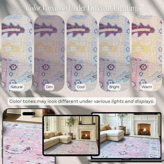 Fame Rugs Pink Modern Oushak Rug 2x3, Vintage Doormat Turkish Colorful Oriental Antique Inspired Washable Small Area Rug, Luxury Living Room Bedroom (385PB, 2' x 3')