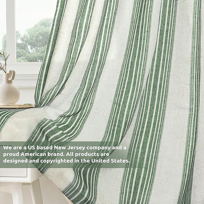 DriftAway Farmhouse Vertical Striped Linen Blend Textured Light Filtering Semi Sheer Curtains for Living Room Bedroom 96 Inches Long Drapes 2 Panels Broad Striped Linen Loden Green