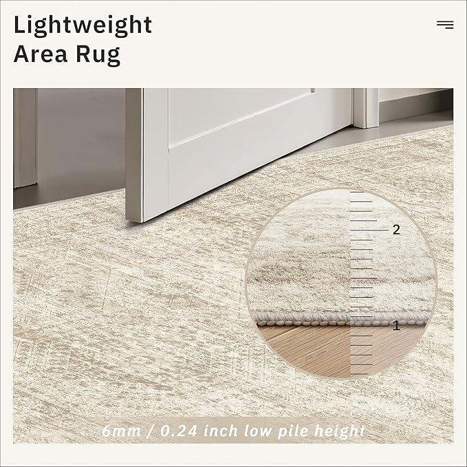 5x7 Area Rugs Beige Low Pile Indoor Washable Trendy Faded Style Rugs for Bedroom Living Room Dining Room Foldable Non-Slip Thin Print Home Office Mat