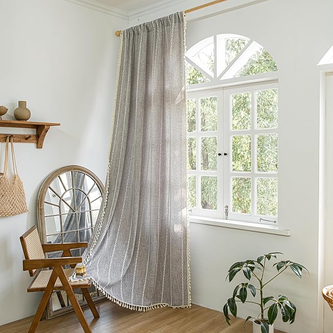 Sutuo Home Boho Curtains for Bedroom Living Room, Semi Blackout Linen Farmhouse Shabby Chic Tassels Window Treatment Bohemian Embroidery Drape, Rod Pocket 1 Panel 52" W x 90" L, Brown