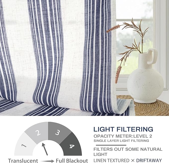 DriftAway Farmhouse Vertical Striped Linen Blend Textured Light Filtering Semi Sheer Curtains for Living Room Bedroom 102 Inches Long Drapes 2 Panels Broad Striped Dark Navy