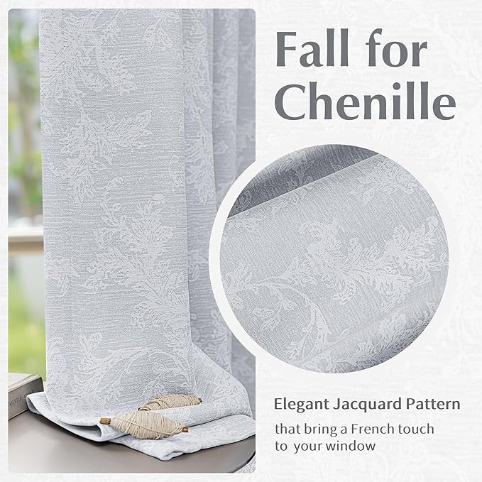 FMFUNCTEX Grey Floral Jacquard Blackout Curtains 84 Inches Long for Bedroom, Scroll Flower Chenille Farmhouse Curtains for Living Room Darkening Thermal Insulated Grommet Window Drapes 2 Panels