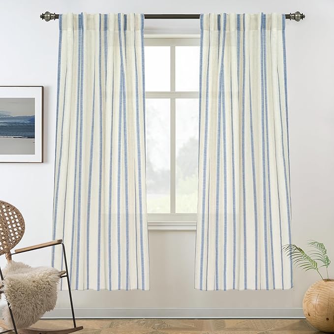 DriftAway Farmhouse Vertical Striped Linen Blend Textured Light Filtering Semi Sheer Curtains for Living Room Bedroom 63 Inches Long Drapes 2 Panels Linen Navy