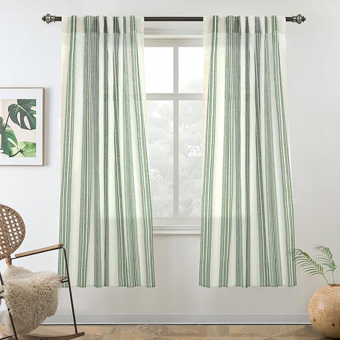 DriftAway Farmhouse Vertical Striped Linen Blend Textured Light Filtering Semi Sheer Curtains for Living Room Bedroom 63 Inches Long Drapes 2 Panels Broad Striped Linen Loden Green