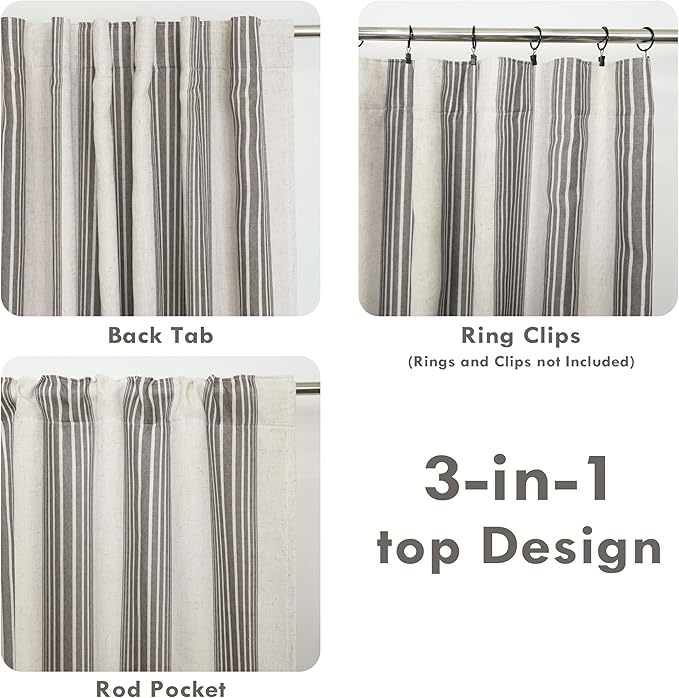 DriftAway Farmhouse Vertical Striped Linen Blend Textured Light Filtering Semi Sheer Curtains for Living Room Bedroom 63 Inches Long Drapes 2 Panels Broad Striped Linen Grey