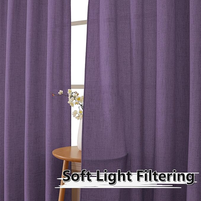 Tollpiz Linen Curtain Bedroom Rod Pocket Semi Sheer Curtains Burlap Light Filtering Thick Linen Drape for Living Room, 38 x 84 inches Long, Royal Purple, Set of 2 Panels