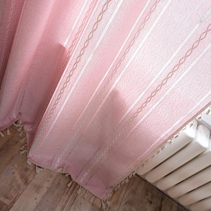 Sutuo Home Boho Curtain for Bedroom Living Room Nursery Kitchen, Light Filtering Country Farmhouse Vintage Chic Tassels Hollow Window Treatment Bohemian Drape, 1 Panel 52" W x 108" L, Pink